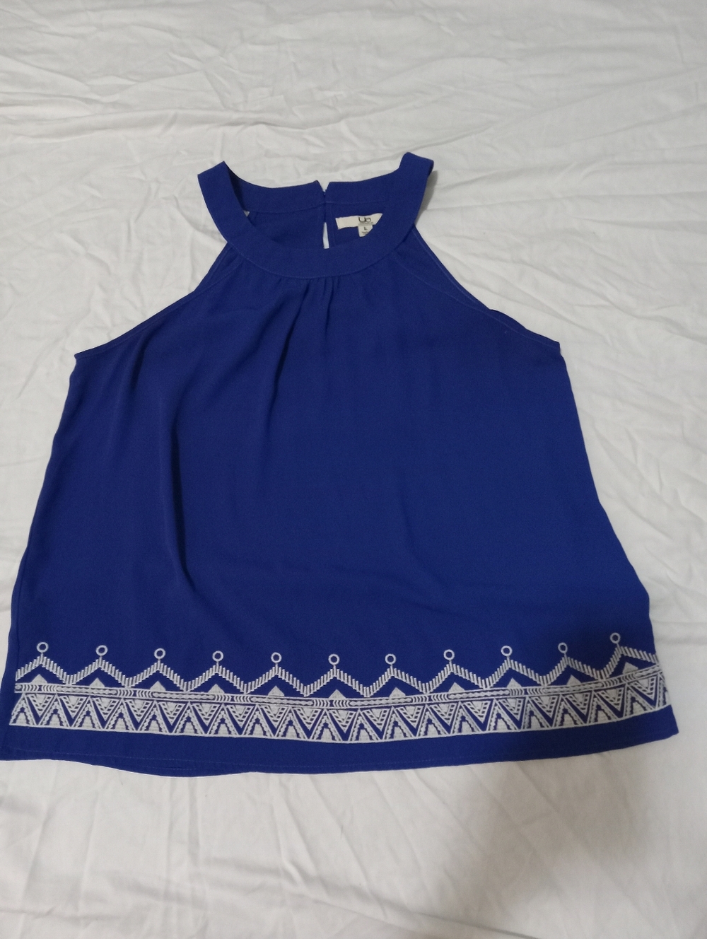 YA LosAngeles Royal Blue Sleeveless Top Lg Cream Boho Embroidery